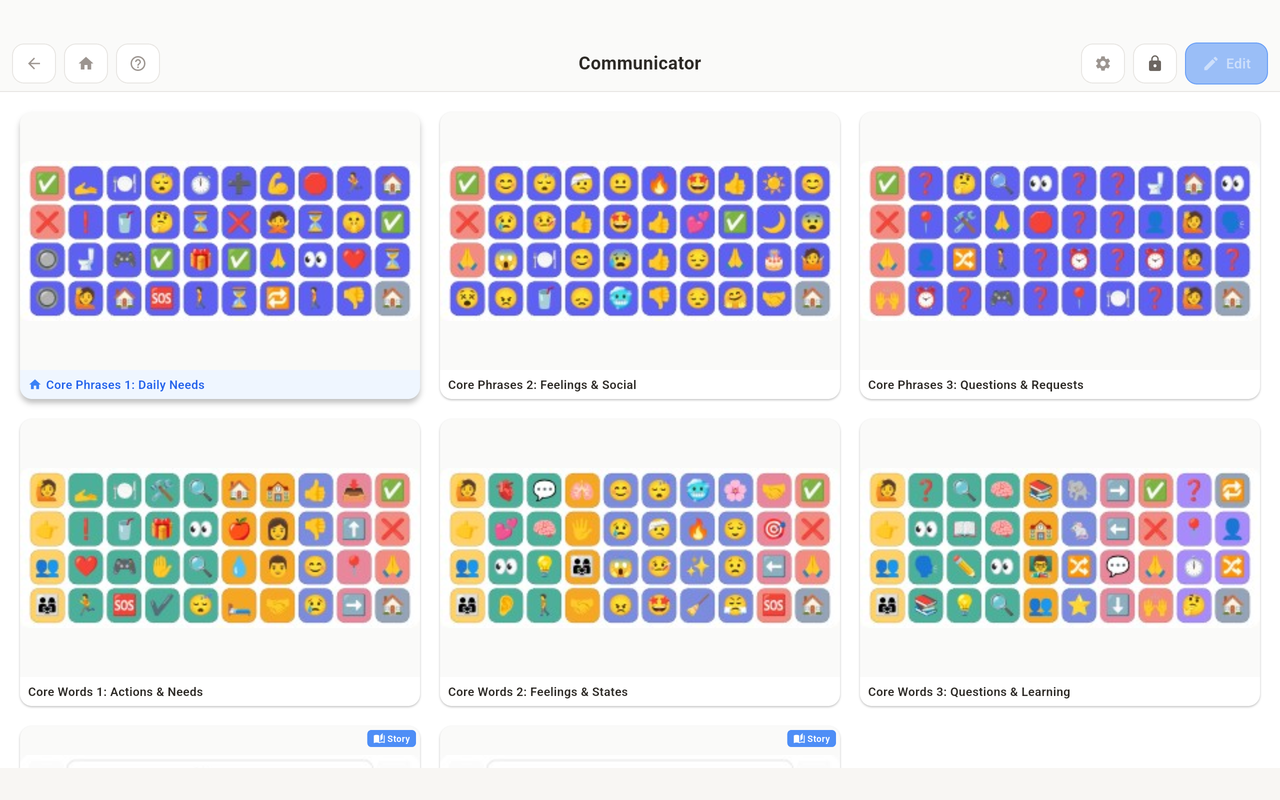 nanoGOAT AAC communicator overview showing a library of starter boards including Core Phrases and Core Words.
