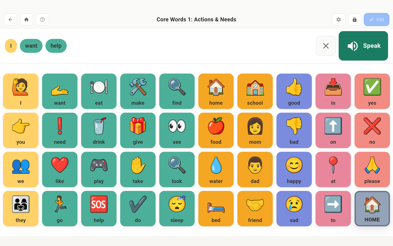 nanoGOAT core words board with single-word buttons arranged in a grid.
